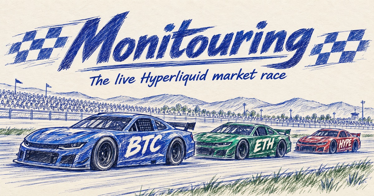 Blue, green and red BTC, ETH and HYPE stock cars beneath a hand-drawn Monitouring title.